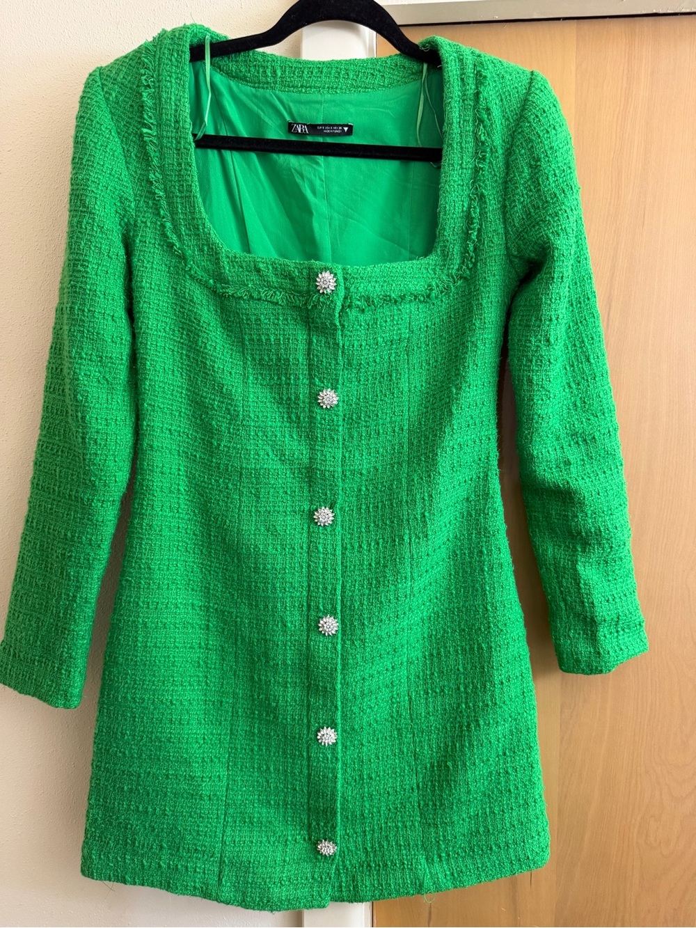Zara Emerald Green Tweed Button-Front Dress